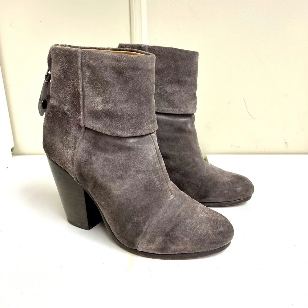 Rag & Bone Newbury Women's Suede Ankle Boots Stacked Heel Gray Bootie boho 6.5M